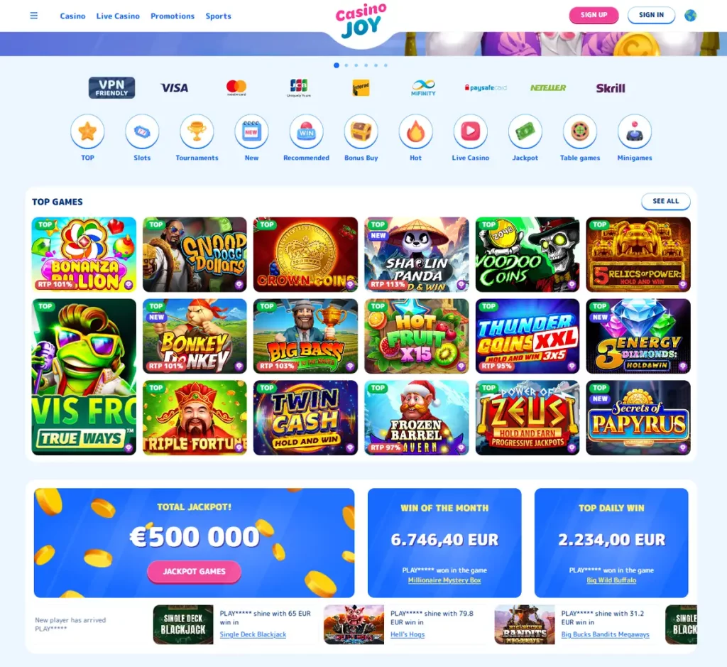 Casino Joy desktop home page screenshot showing main navigation, featured games and promotional banners - tested