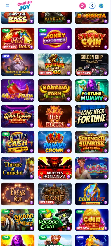 Casino Joy mobile slots variety screenshot displaying featured slots, categories and touch-optimized navigation - tested