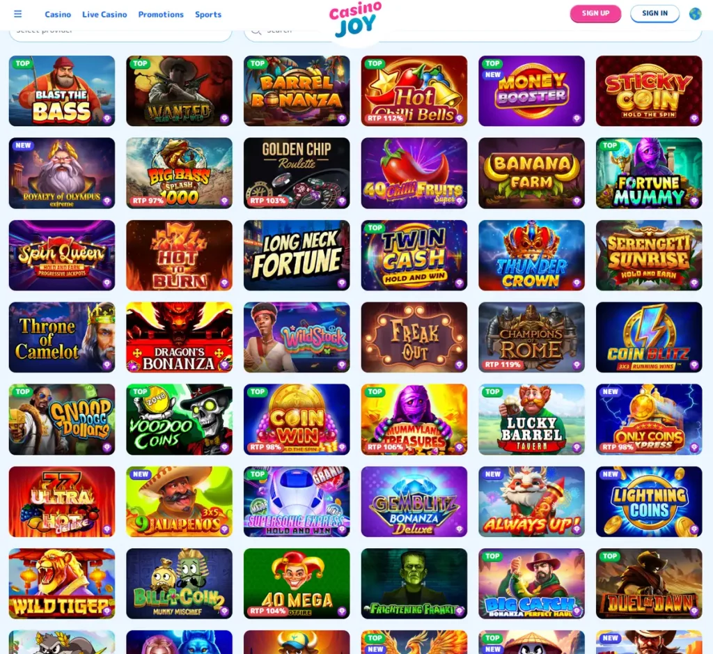 Casino Joy desktop slots variety screenshot showing multiple slot categories, featured games and provider filters - tested