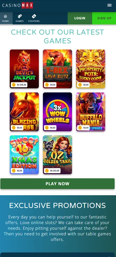 CasinoMax mobile home page screenshot displaying main navigation, featured games and mobile-friendly interface - tested