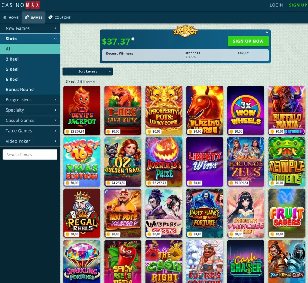 CasinoMax desktop slots variety screenshot showing multiple slot categories, featured games and provider filters - tested