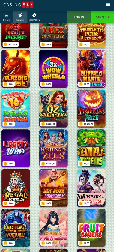 CasinoMax mobile slots variety screenshot displaying featured slots, categories and touch-optimized navigation - tested