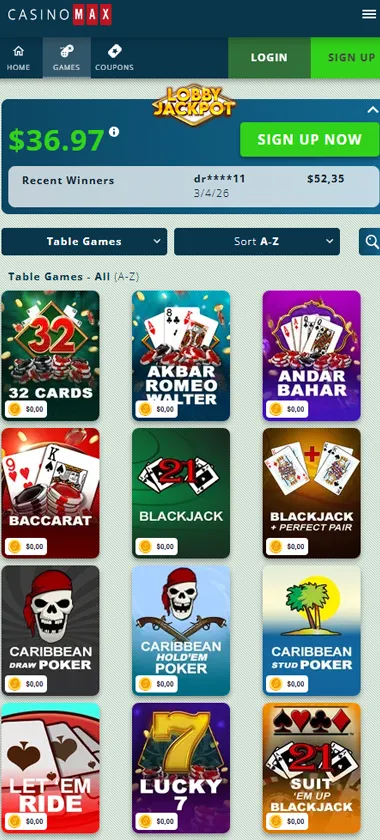 CasinoMax mobile table games collection screenshot displaying available table games and mobile-friendly navigation - tested