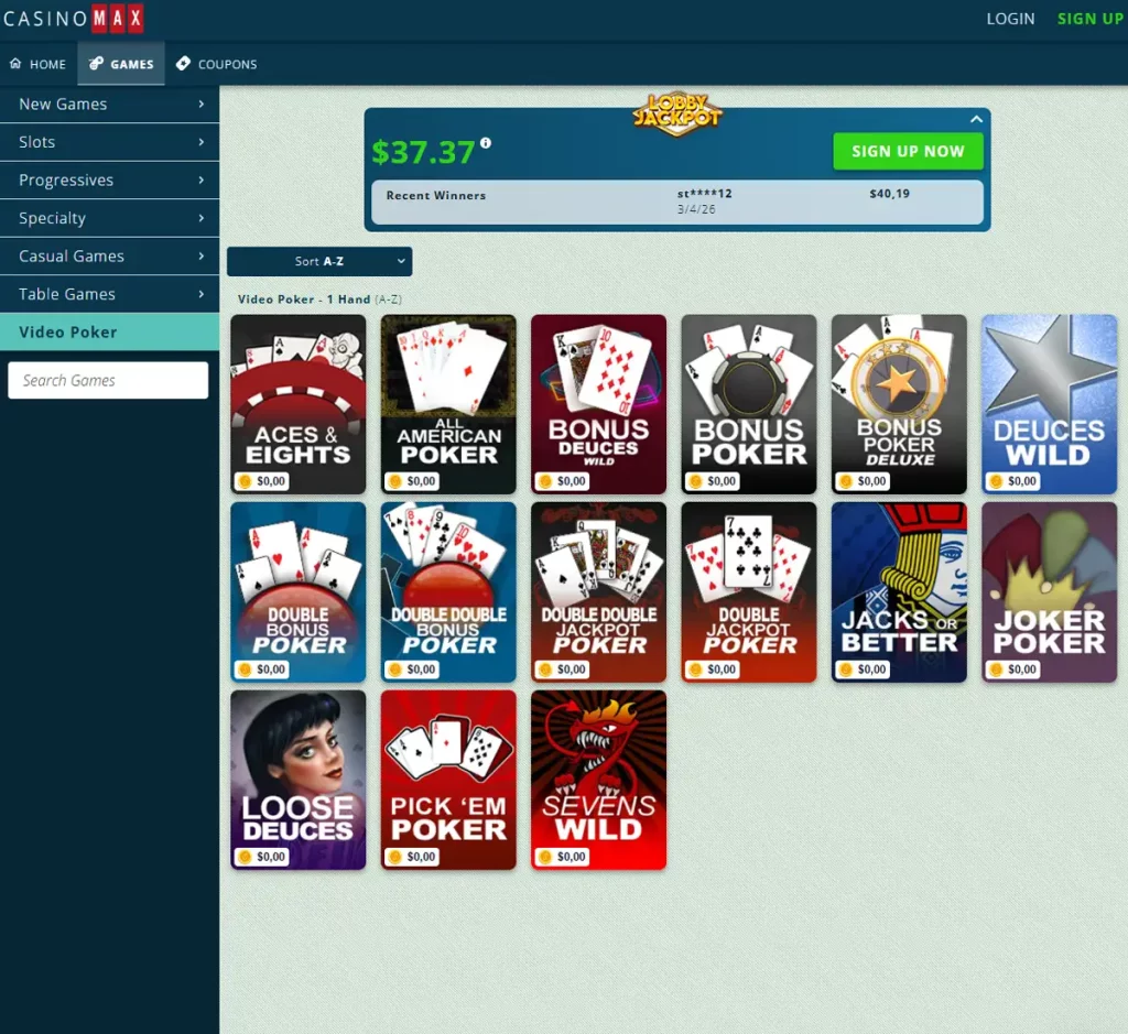 CasinoMax desktop video poker collection screenshot showing various video poker games, categories and filtering options - tested
