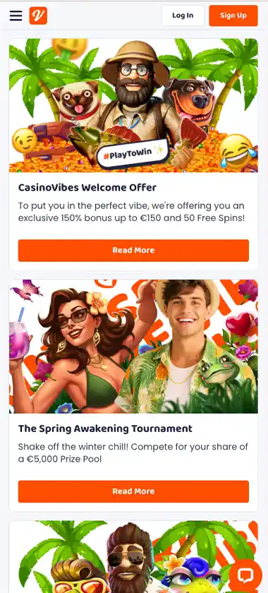 CasinoVibes mobile promotions screenshot displaying promotional banners, bonus offers and mobile-friendly interface/navigation - tested