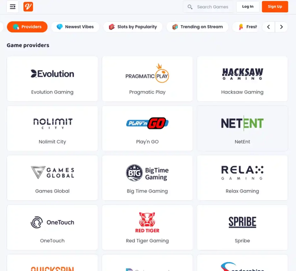 CasinoVibes desktop software providers screenshot showing available software provider logos, provider list and filtering options with categories, featured games and provider filters - tested CasinoVibes desktop software providers screenshot showing available software provider logos, provider list and filtering options with categories, featured games and provider filters - tested