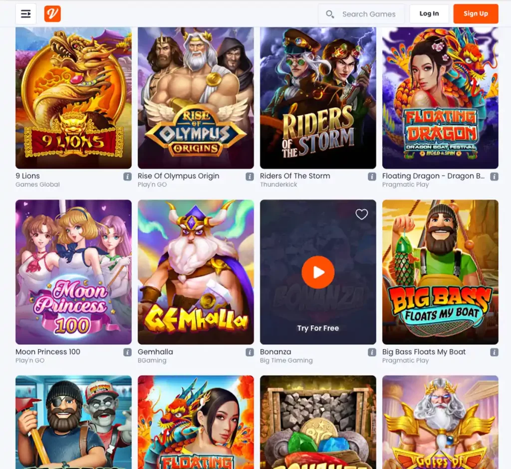 CasinoVibes desktop slots variety screenshot showing multiple slot categories, featured games and provider filters - tested