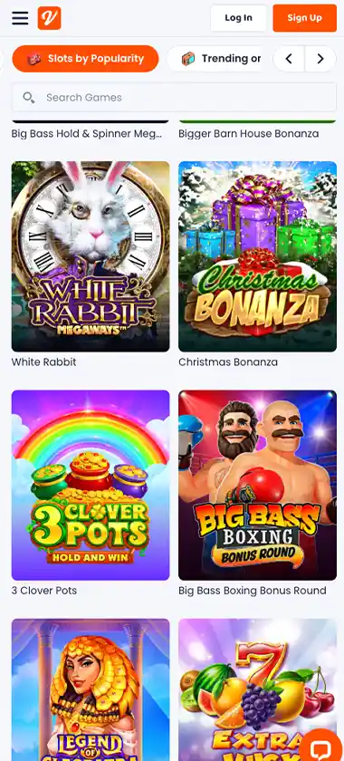 CasinoVibes mobile slots variety screenshot displaying featured slots, categories and touch-optimized navigation - tested