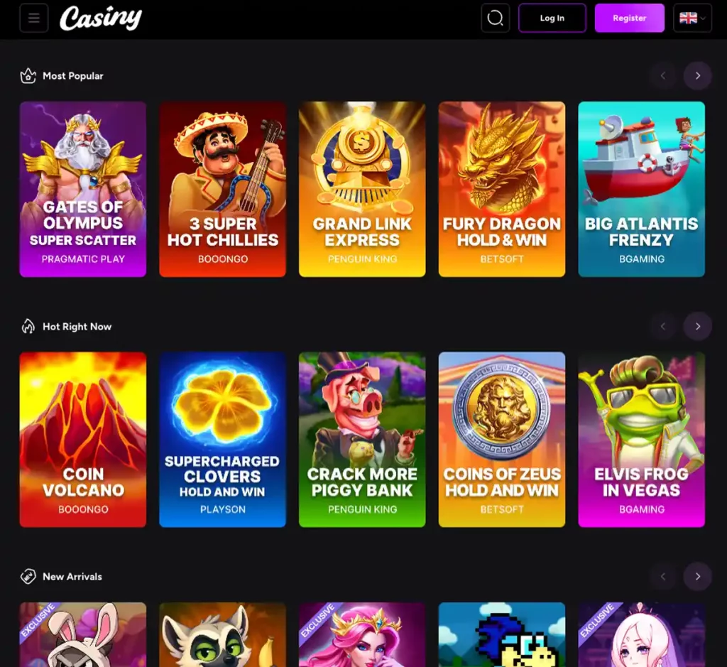 Casiny Casino desktop homepage screenshot showing casino lobby with featured games, promotions and top navigation - tested