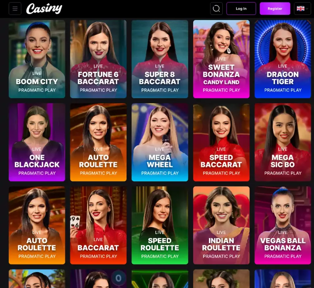 Casiny Casino desktop live casino screenshot displaying real-dealer tables including roulette, blackjack and baccarat with lobby navigation and betting interface - tested