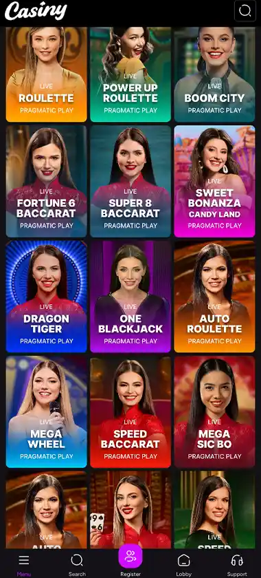 Casiny Casino mobile live casino screenshot displaying live dealer tables including roulette, blackjack and baccarat with mobile lobby navigation and betting interface - tested