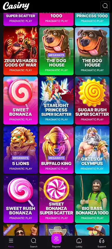 Casiny Casino mobile slots screenshot showing slot game thumbnails, categories and featured titles in the mobile game lobby - tested