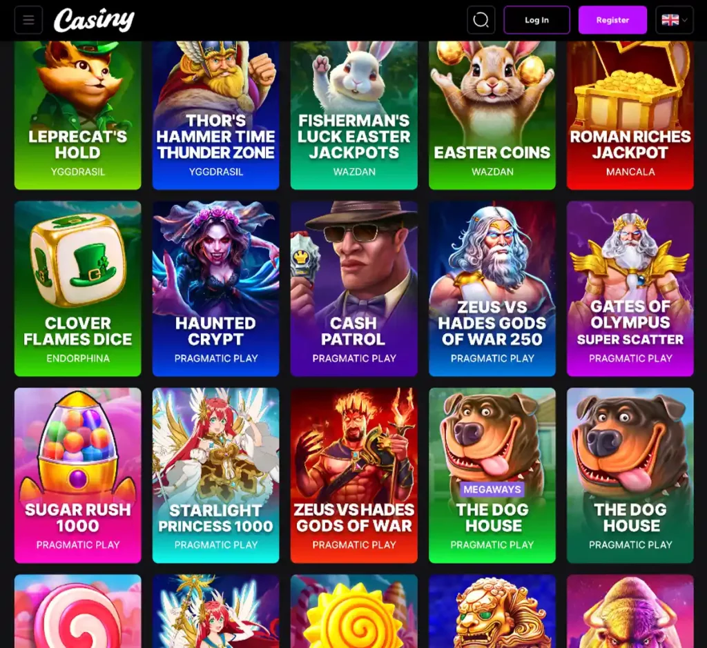 Casiny Casino desktop slots screenshot showing slot categories, featured titles and game providers in the casino lobby - tested
