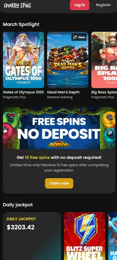 Cherry Spins Casino mobile homepage screenshot displaying main navigation, featured games and promotional banners - tested