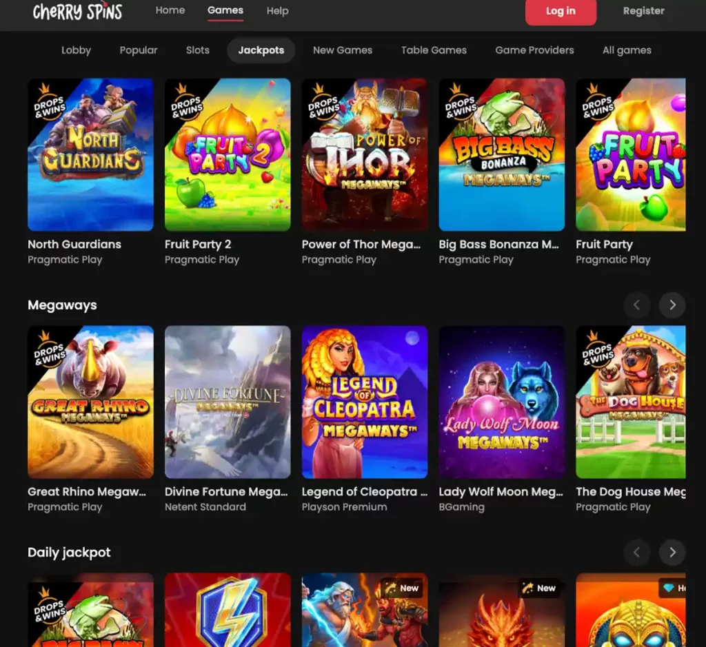 Cherry Spins Casino desktop jackpots collection screenshot displaying progressive jackpot titles, current prize pools and filtering options - tested