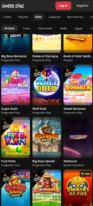 Cherry Spins Casino mobile slots variety screenshot displaying featured slots, categories and touch-optimized navigation - tested