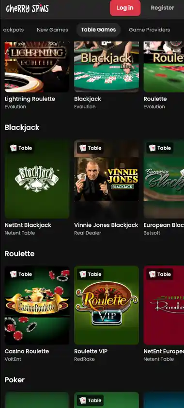 Cherry Spins Casino mobile table games collection screenshot displaying blackjack, roulette and baccarat variants with touch-optimized navigation - tested