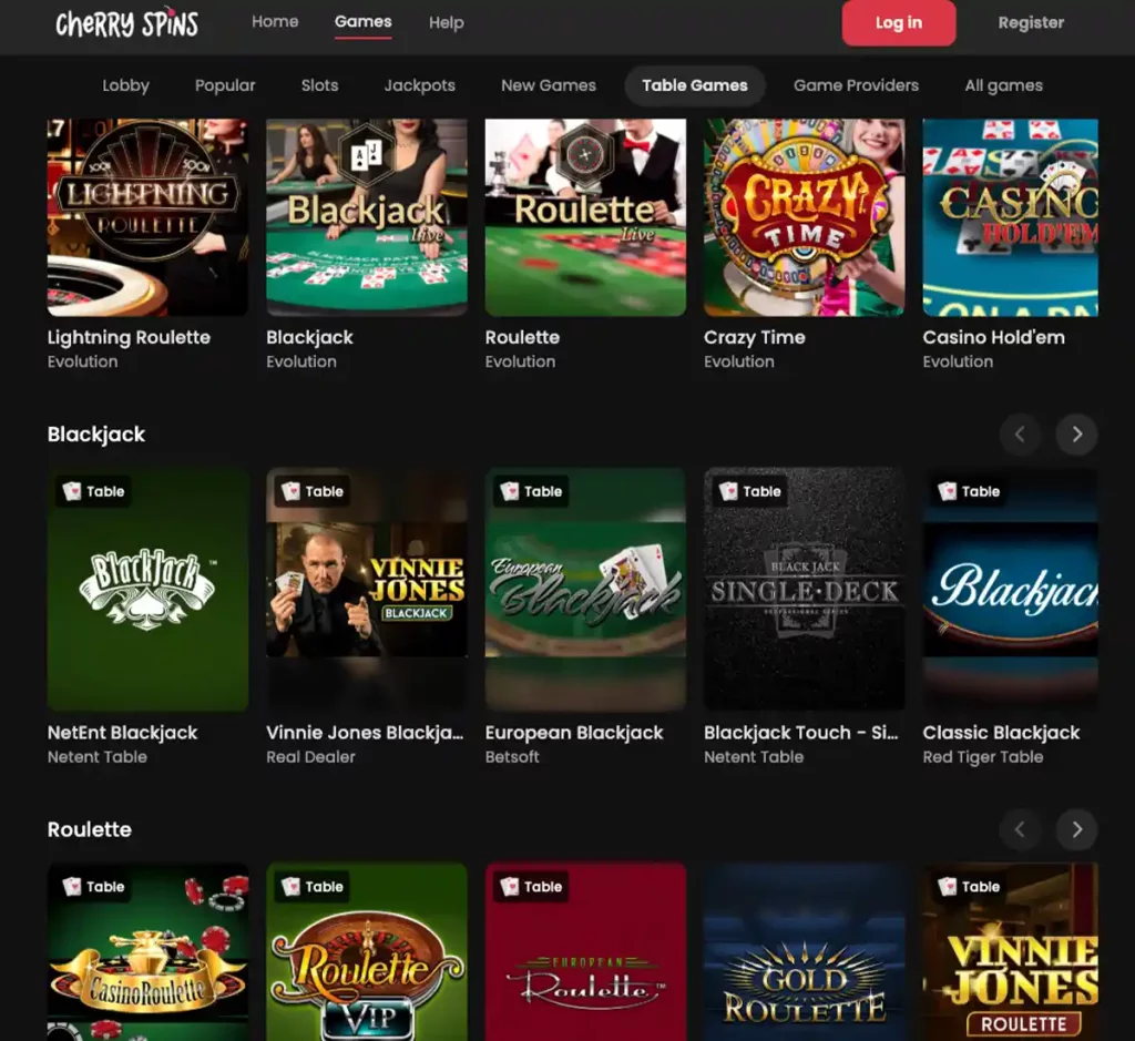 Cherry Spins Casino desktop table games collection screenshot displaying blackjack, roulette and baccarat variants with filtering options - tested