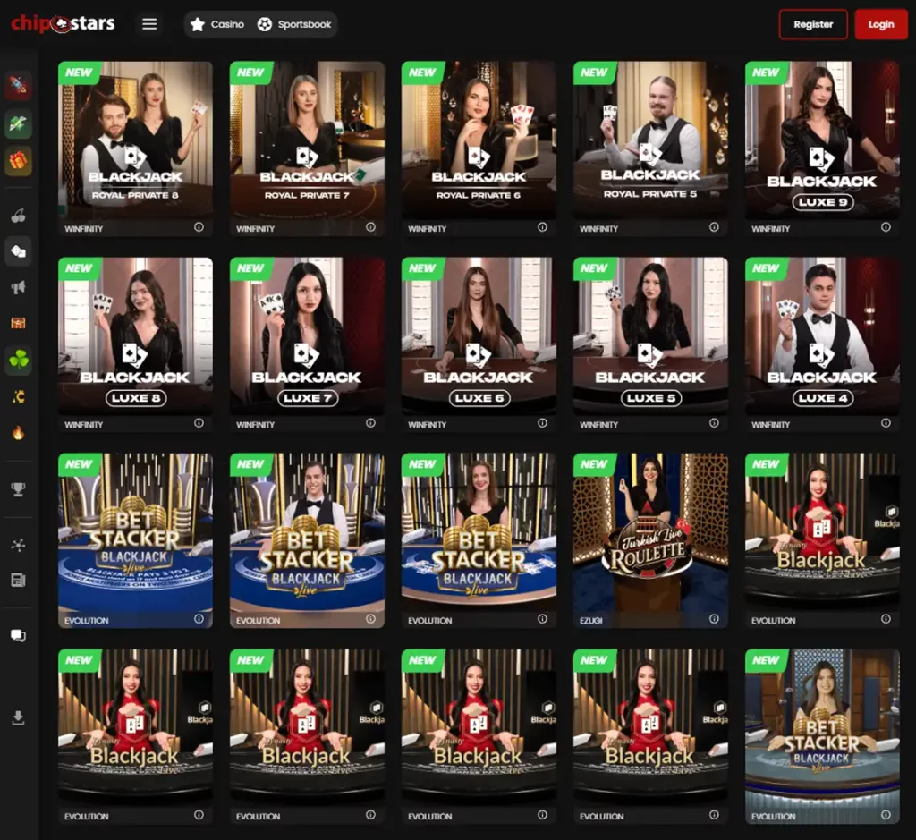 Chipstars Casino desktop live dealer games collection screenshot showing roulette, blackjack and baccarat tables in lobby view with categories and provider filters - tested
