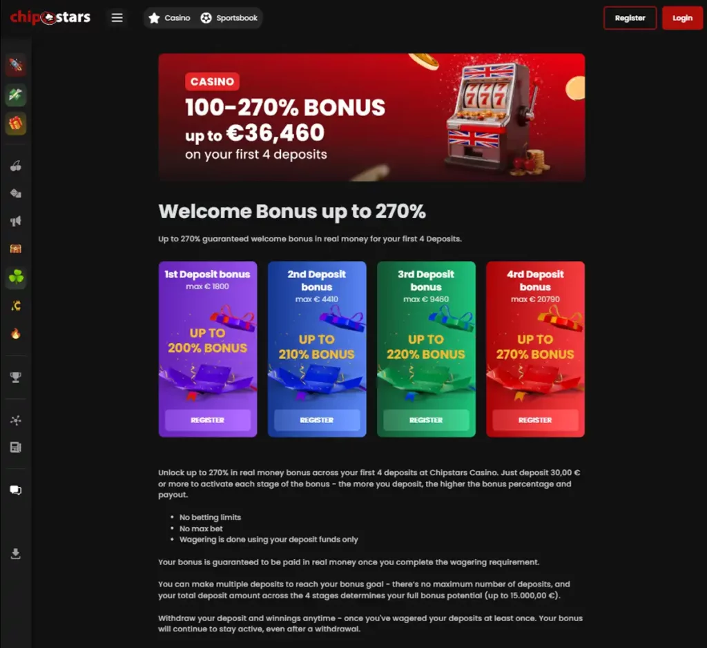 Chipstars Casino desktop promotions screenshot showing promotional banners, bonus offers and claim instructions with categories and filter options - tested