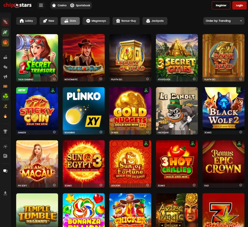 Chipstars Casino desktop slot screenshot showing multiple slot categories, featured games and provider filters - tested