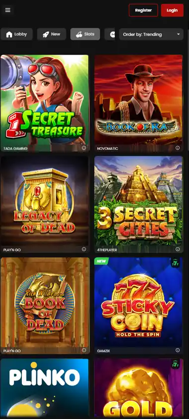 Chipstars Casino mobile slot screenshot displaying featured slots, categories and touch-optimized navigation - tested