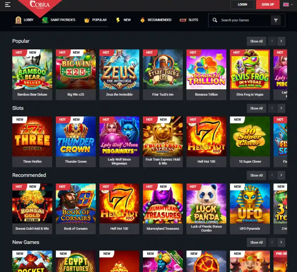 Cobra Casino desktop homepage screenshot showing main navigation, featured games and promotional banners - tested