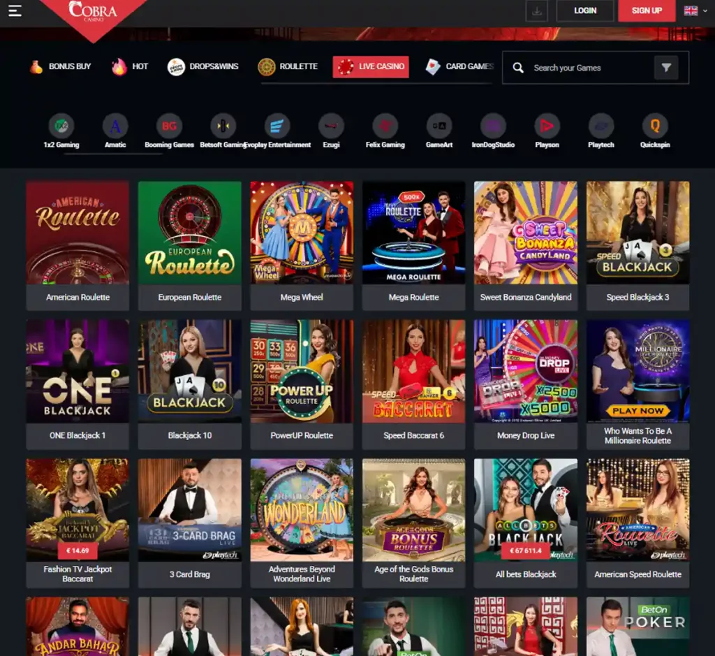 Cobra Casino desktop live dealer games collection screenshot showing roulette, blackjack and baccarat tables in lobby view with categories and provider filters - tested
