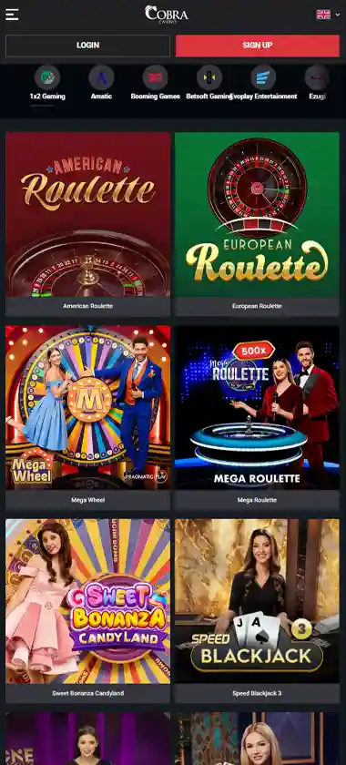 Cobra Casino mobile live dealer games collection screenshot displaying available live tables and categories with mobile-friendly interface/navigation - tested