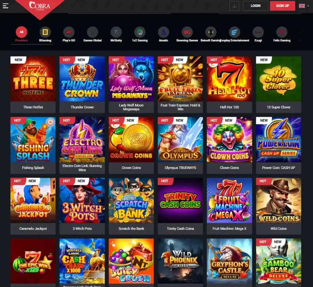Cobra Casino desktop slot screenshot showing multiple slot categories, featured games and provider filters - tested