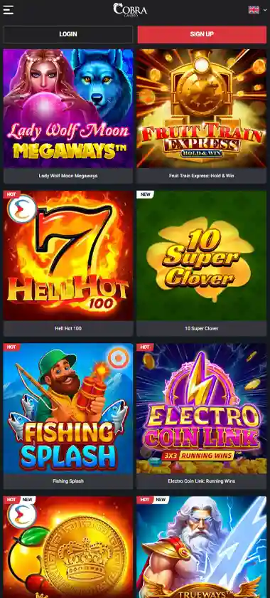 Cobra Casino mobile slot screenshot displaying featured slots, categories and touch-optimized navigation - tested