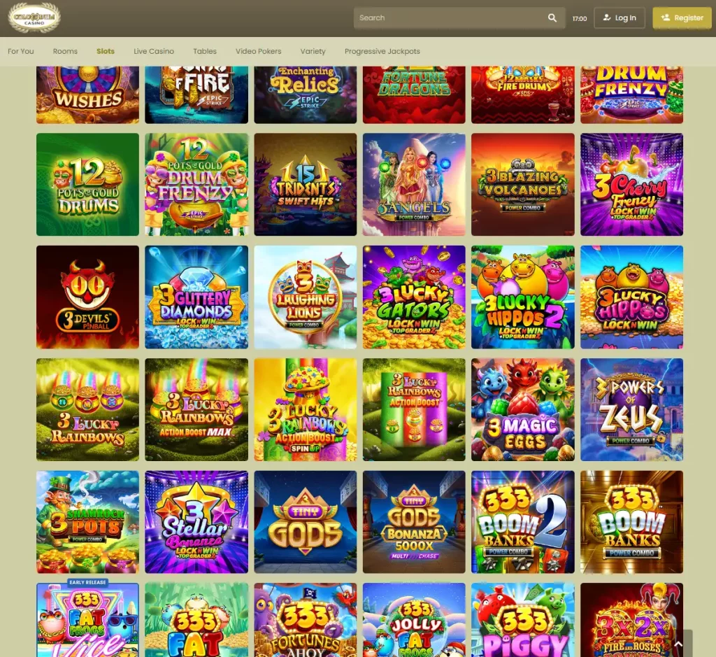 Colosseum Casino desktop slots variety screenshot showing multiple slot categories, featured games and provider filters - tested