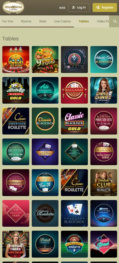 Colosseum Casino mobile table games collection screenshot displaying available table games and mobile-friendly navigation - tested Colosseum Casino mobile table games collection screenshot displaying available table games and mobile-friendly navigation - tested