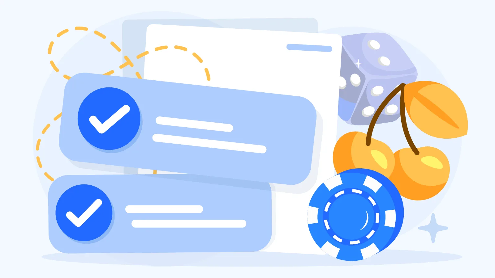 Infographic showing the casino selection process including license verification, payout testing, security checks, complaint monitoring, and 47-factor quality evaluation before listing in a casino directory.