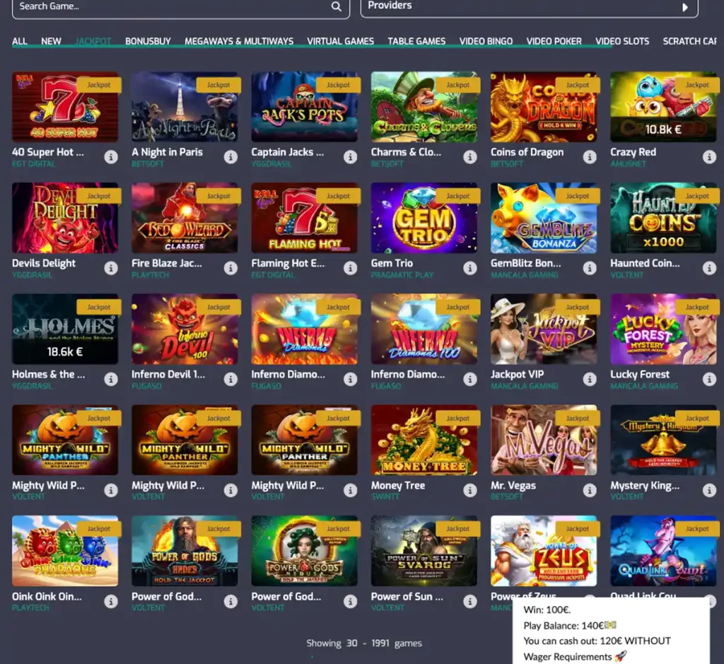 Cristal Poker Casino desktop jackpots collection screenshot displaying progressive jackpot titles, current prize pools and filtering options - tested