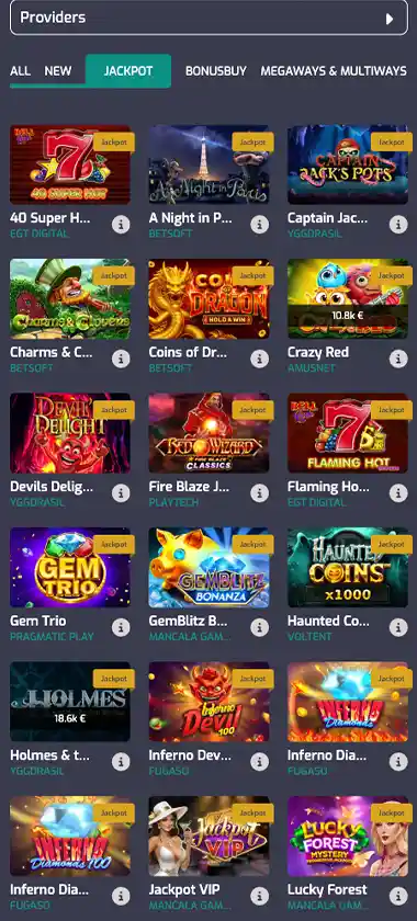 Cristal Poker Casino mobile jackpots collection screenshot displaying progressive jackpot titles, current prize pools and touch-optimized navigation - tested