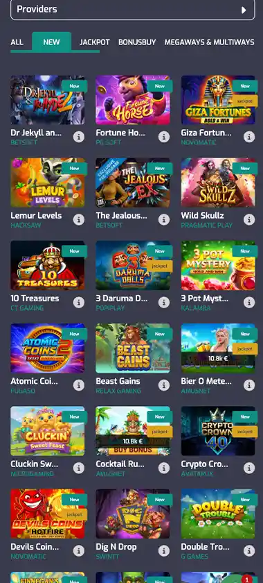 Cristal Poker Casino mobile new games collection screenshot displaying recently added titles, release dates and touch-optimized navigation - tested