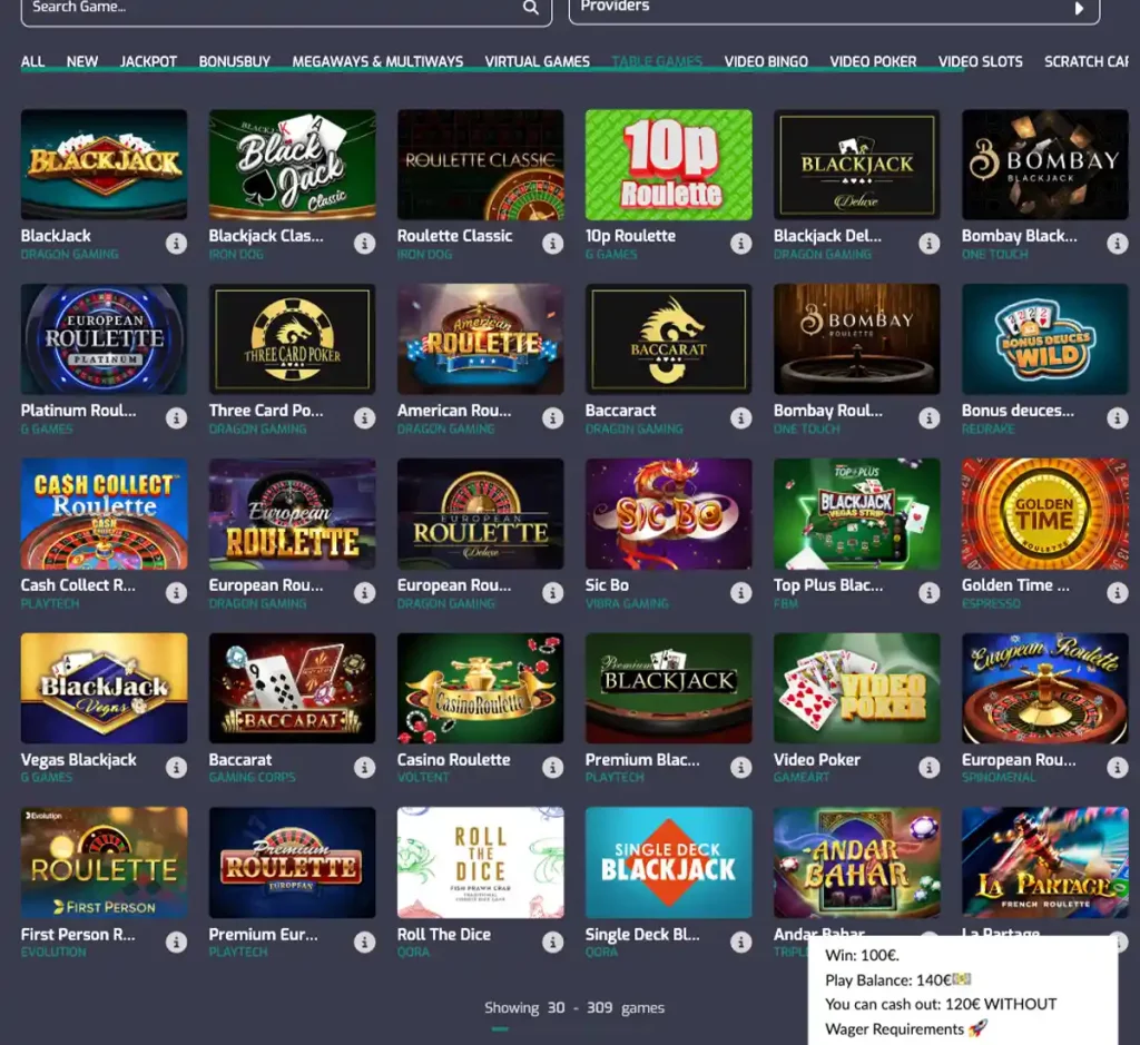 Cristal Poker Casino desktop table games collection screenshot displaying blackjack, roulette and baccarat variants with filtering options - tested