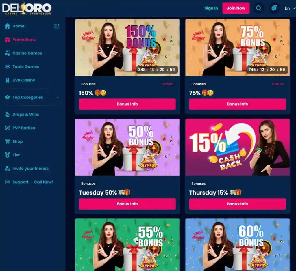 DelOro Casino desktop promotions page screenshot displaying bonus offers, promotional banners, terms and claim buttons - tested