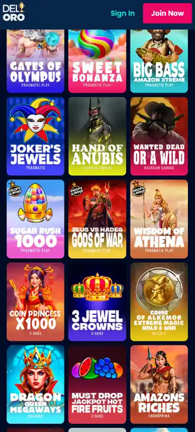 DelOro Casino mobile slots variety screenshot displaying featured slots, categories and touch-optimized navigation - tested