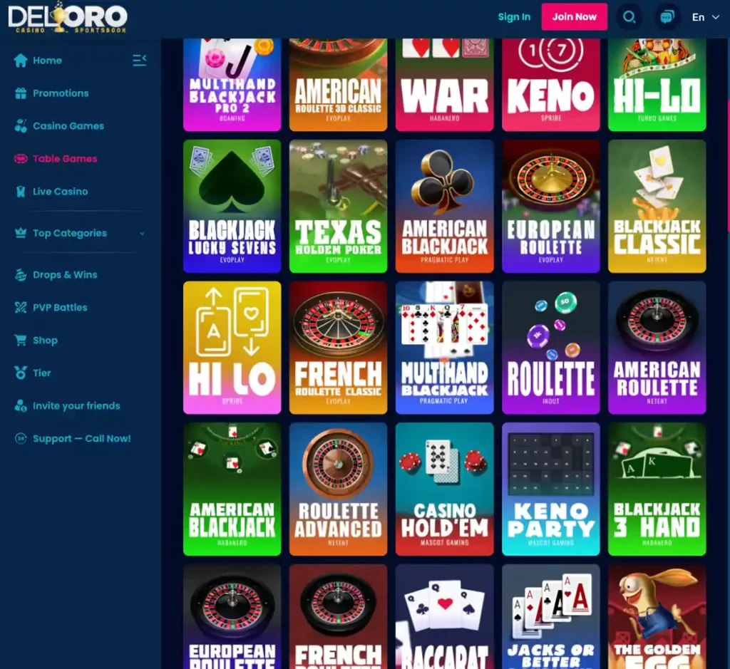 DelOro Casino desktop table games collection screenshot displaying blackjack, roulette and baccarat variants with filtering options - tested