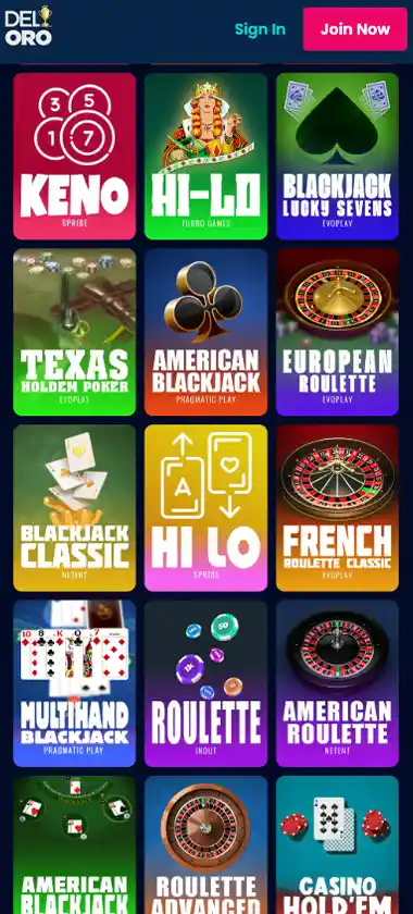 DelOro Casino mobile table games collection screenshot displaying blackjack, roulette and baccarat variants with touch-optimized navigation - tested