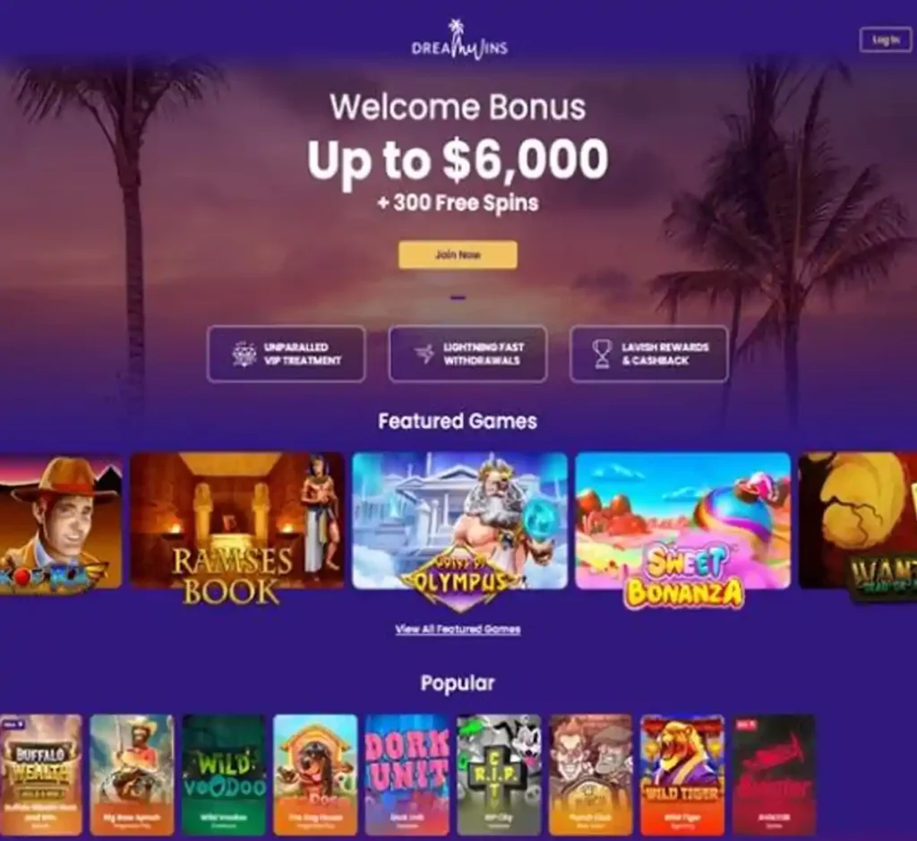 DreamWins Casino desktop homepage screenshot showing main navigation, featured games and promotional banners - tested