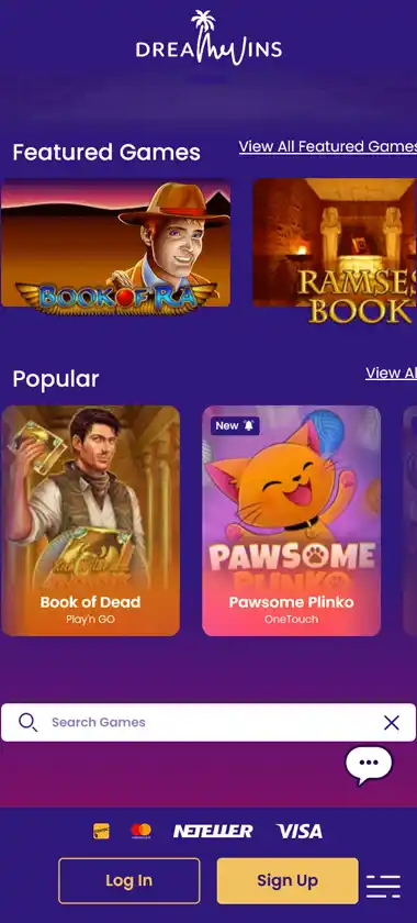 DreamWins Casino mobile homepage screenshot displaying main navigation, featured games and mobile-friendly interface/navigation - tested