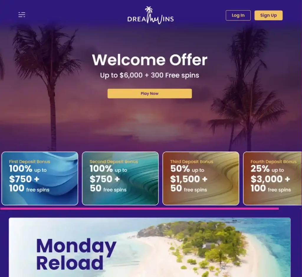 DreamWins Casino desktop promotions screenshot showing promotional banners, bonus offers and claim instructions with categories and filter options - tested