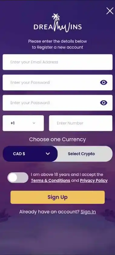 DreamWins Casino desktop registration process screenshot showing step 1 of the sign-up form with required fields, step indicator and verification options - tested