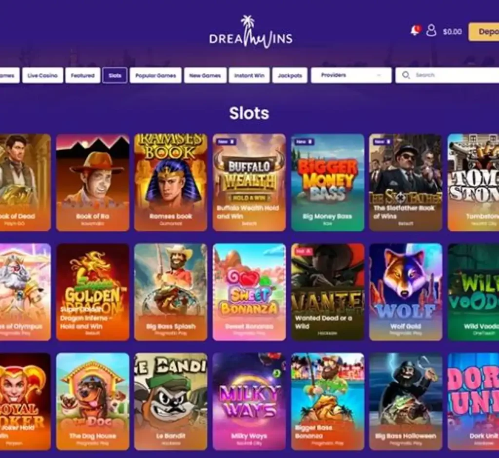 DreamWins Casino desktop slots variety screenshot showing multiple slot categories, featured games and provider filters - tested