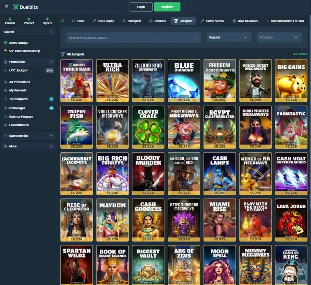 Duelbits Casino desktop jackpots screenshot showing progressive jackpot games, prize amounts and featured titles - tested
