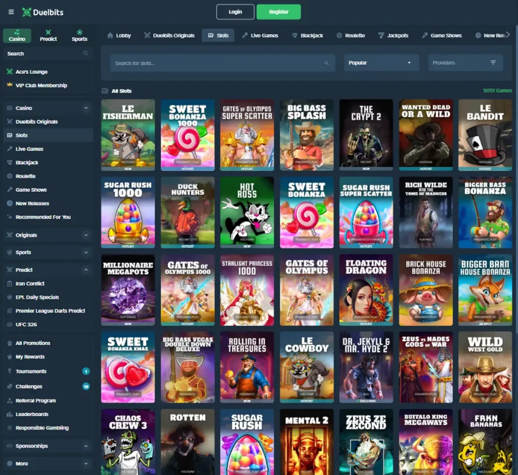 Duelbits Casino desktop slots variety screenshot showing multiple slot categories, featured games and provider filters - tested