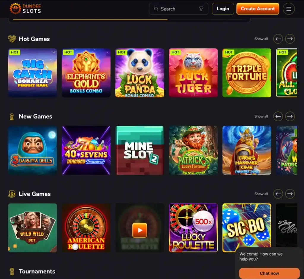 DundeeSlots Casino desktop homepage screenshot displaying main navigation, featured games and promotional banners - tested DundeeSlots Casino desktop homepage screenshot displaying main navigation, featured games and promotional banners - tested